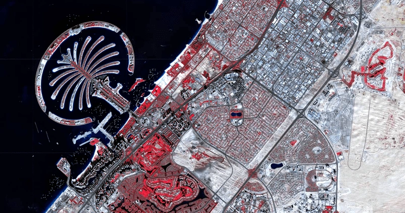 Desenvolvimento urbano da área de Dubai até 1 de fevereiro de 2025 na imagem do Sentinel-2