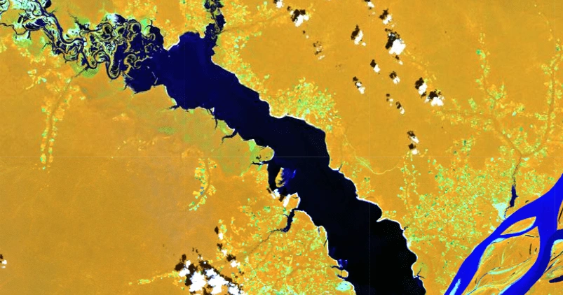 Impacto de uma severa onda de calor no Lago Tefé, Brasil até 5 de outubro de 2023 na imagem do Sentinel-2