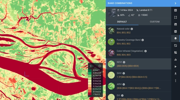 Landsat 8 imagery viewer and analysis with different band combinations