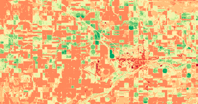 datos satelitales procesados con el índice NDVI que muestran una vegetación mayoritariamente escasa en Great Bend, Kansas