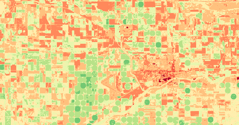 imágenes satelitales de Landsat 8 procesadas con el índice NDVI que muestran una vegetación mayoritariamente escasa en Great Bend, Kansas