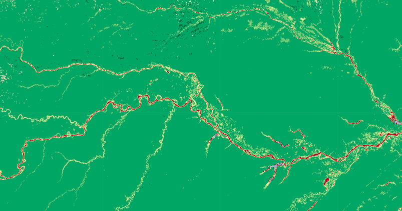 Thicker forest cover before active deforestation begins observable by MODIS data analyst.