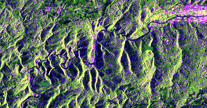 Sentinel-1 IW mode: flooded areas appear as dark blue & black hued zones