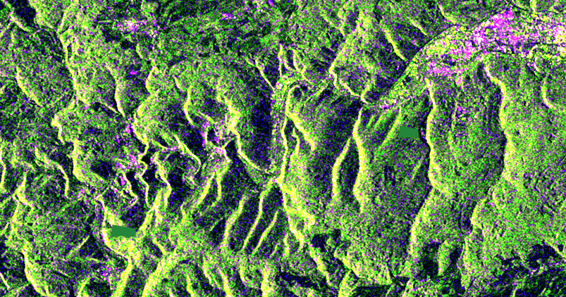 Sentinel-1 IW mode: areas before flood appear green 