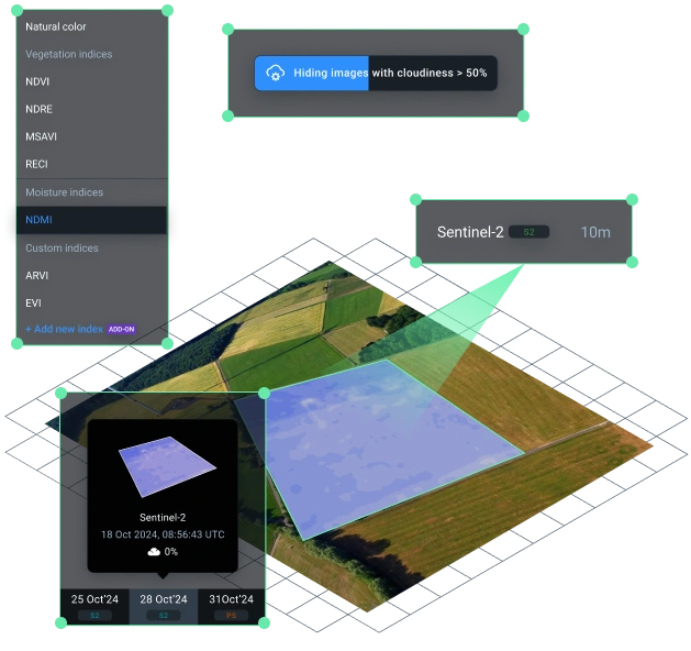 NDMI-based solutions on EOSDA Crop Monitoring