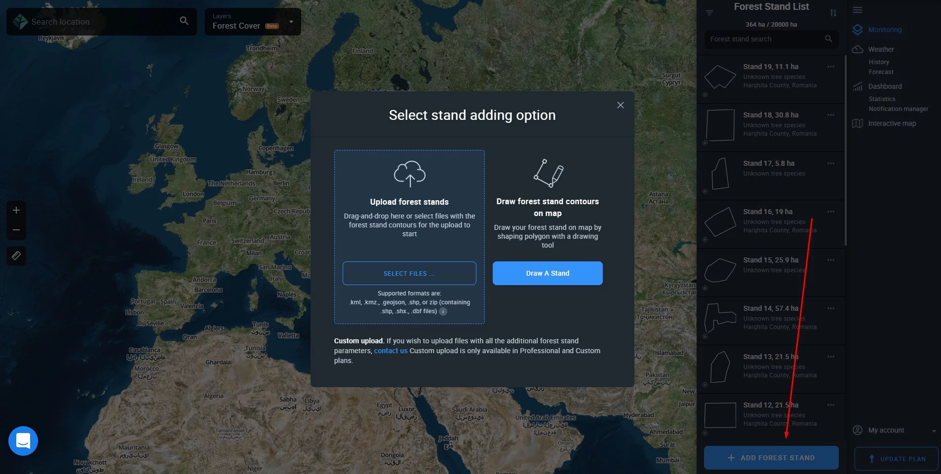 how to add forest stand AOI on EOSDA Forest Monitoring