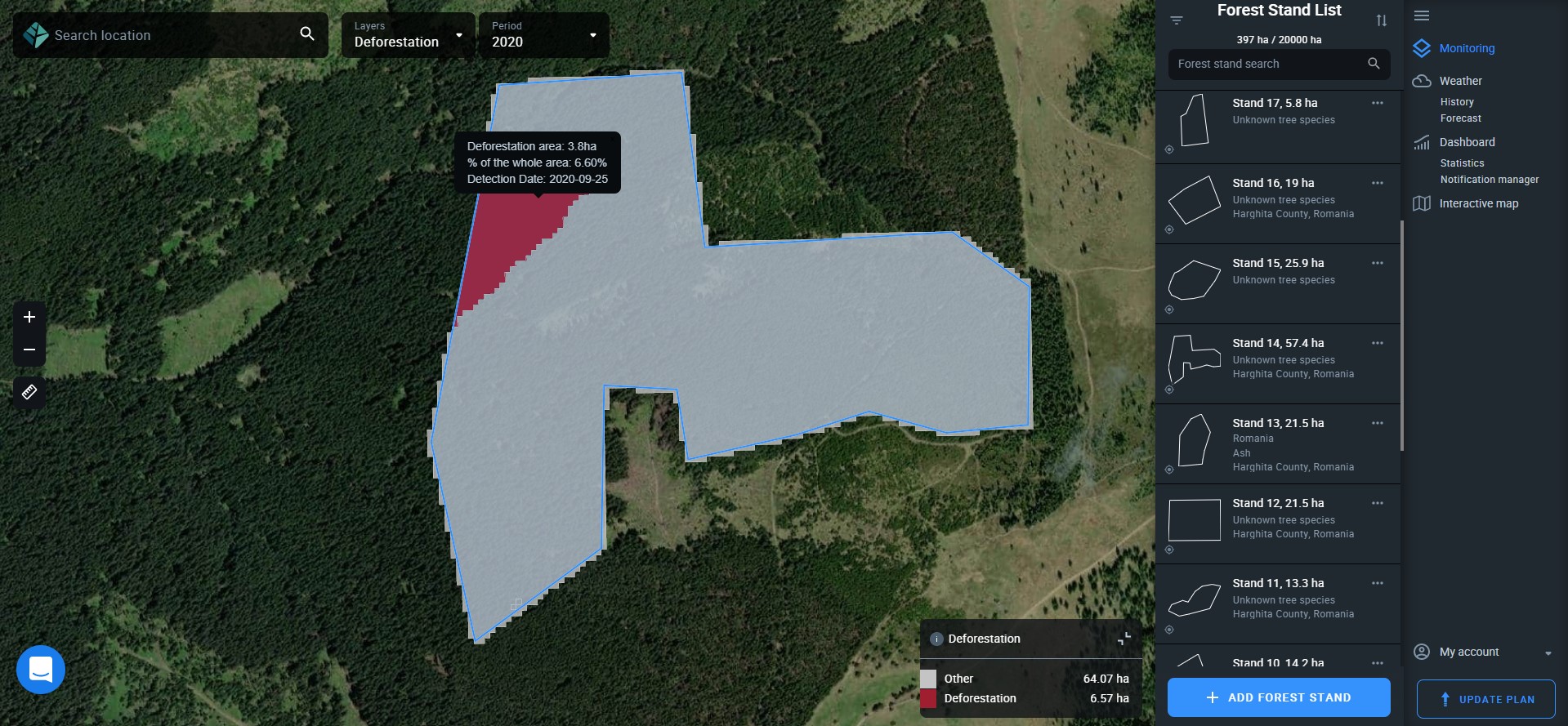 information on deforestation after hovering a layer on EOSDA Forest Monitoring