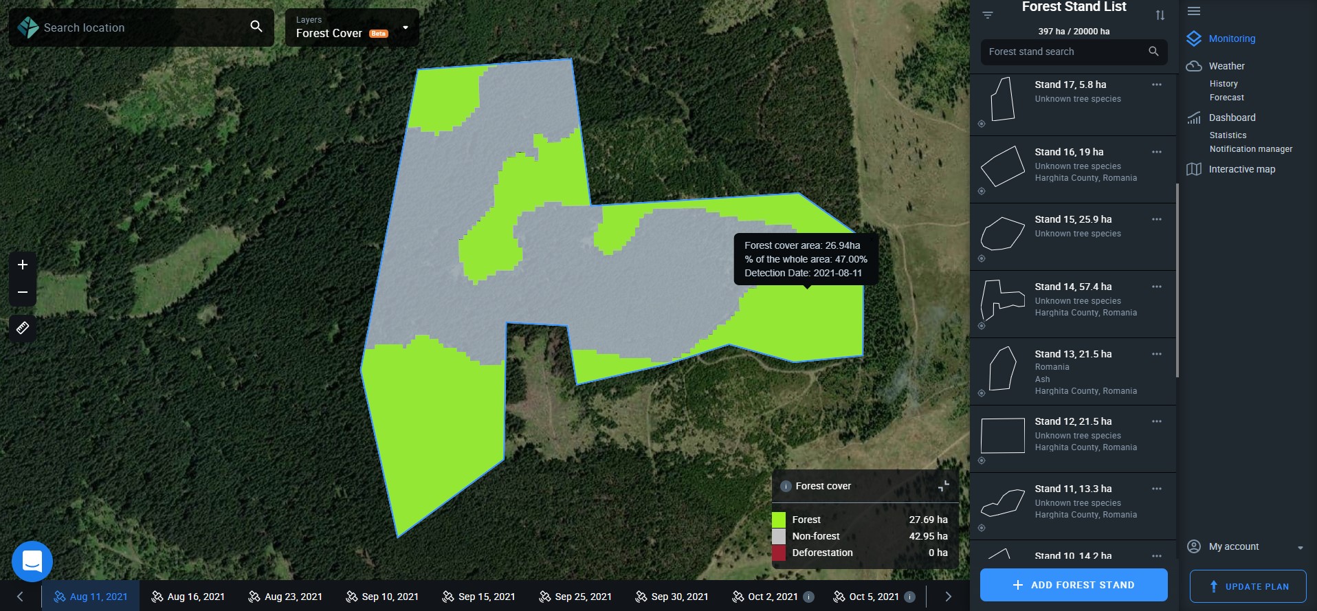 information on forest cover after hovering a layer on EOSDA Forest Monitoring