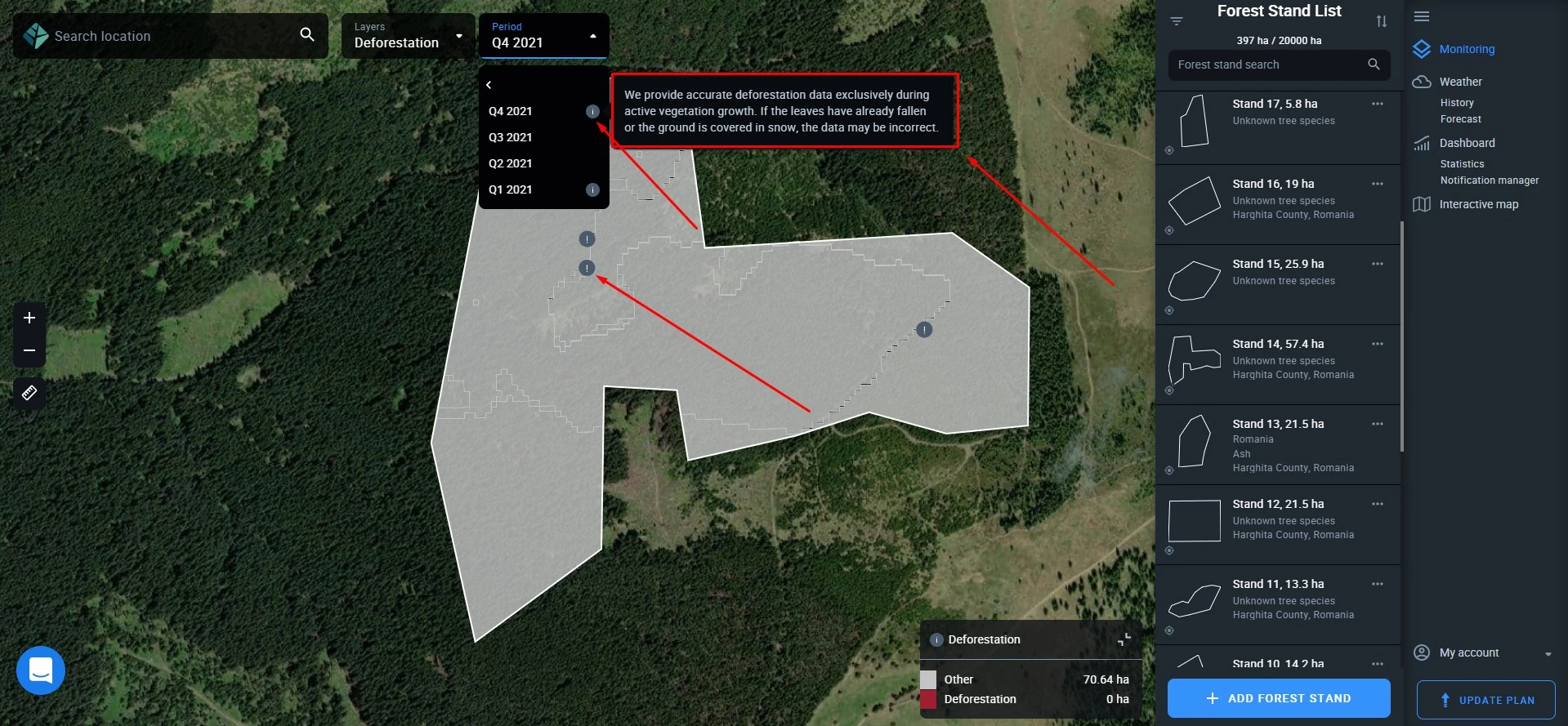 information when vegetation season is over after hovering a layer on EOSDA Forest Monitoring