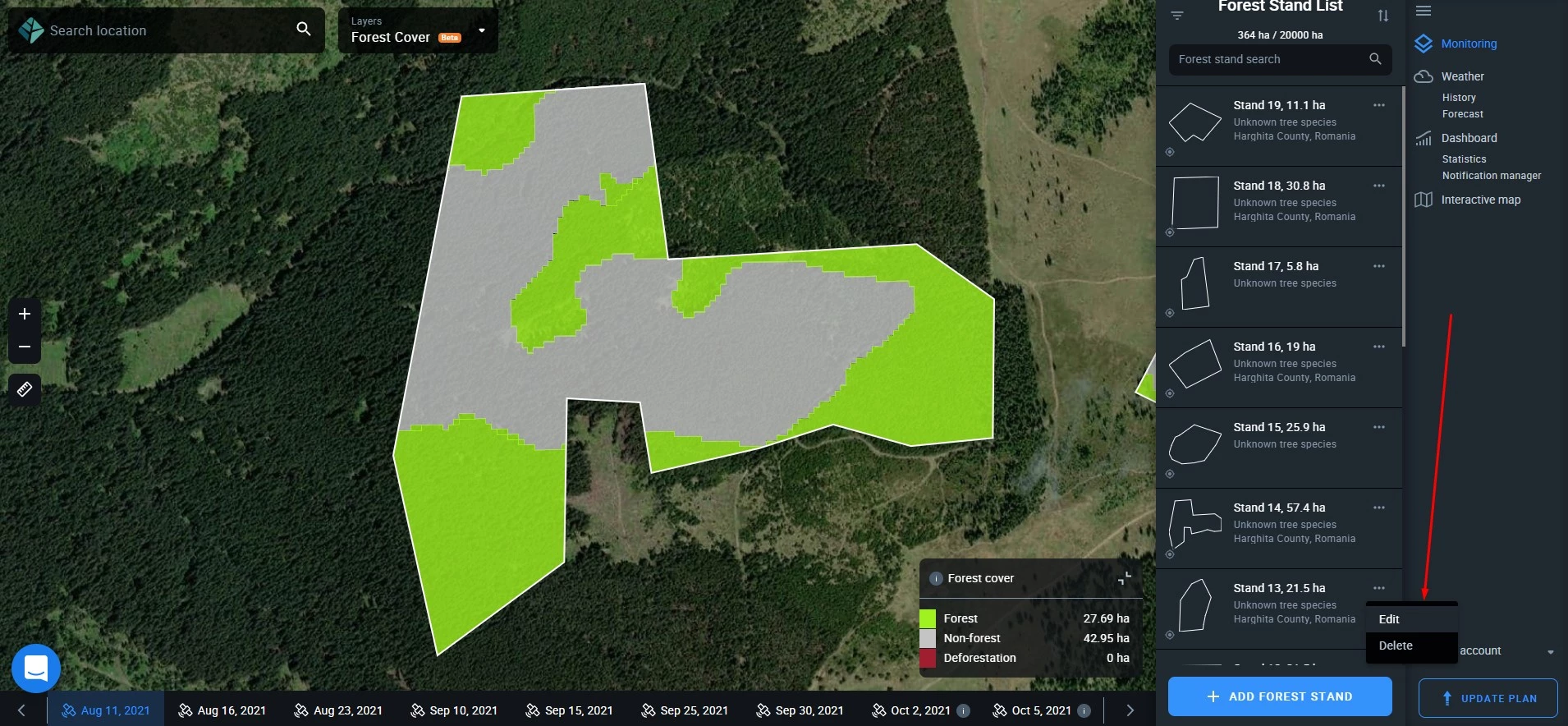 how to adit forest stand on EOSDA Forest Monitoring