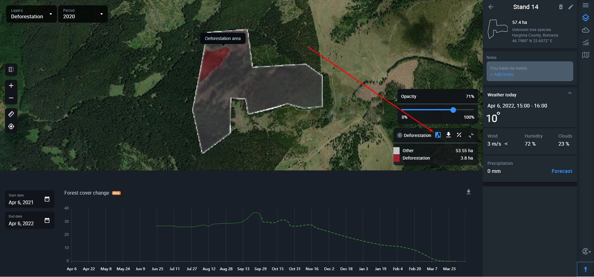 how to compare the deforestation layer map with the naked-eye image on EOSDA Forest Monitoring