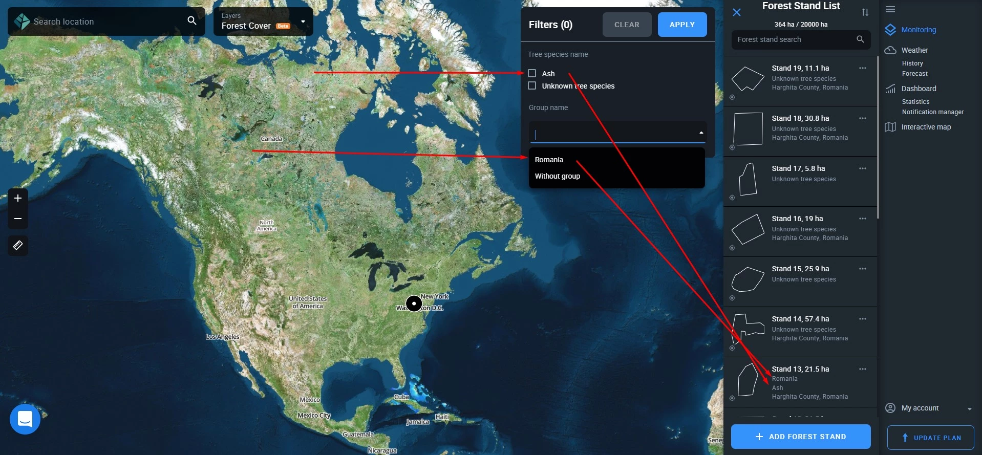 how to filter forest stands by tree species and/or group names on EOSDA Forest Monitoring