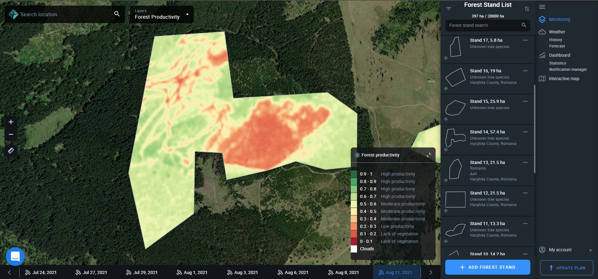 global forest productivity layer on EOSDA Forest Monitoring