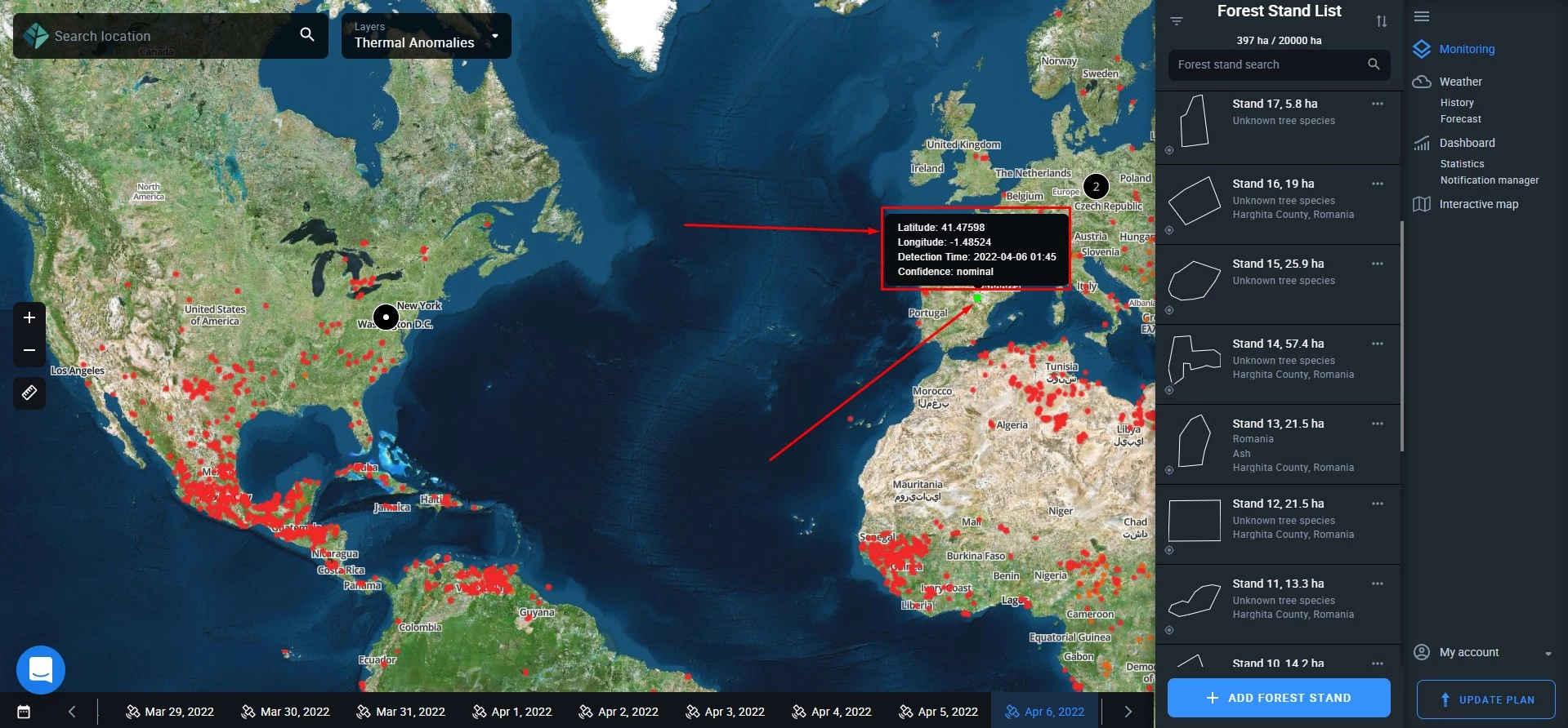 global thermal anomalies layer on EOSDA Forest Monitoring