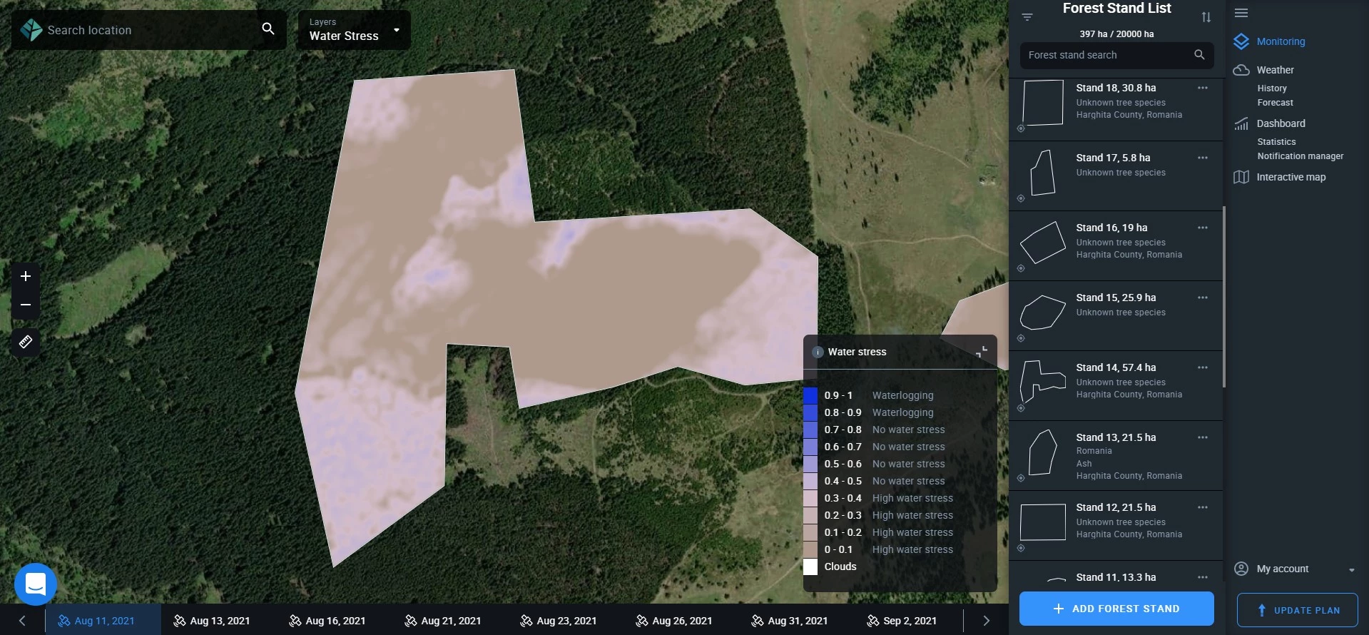 global water stress layer on EOSDA Forest Monitoring