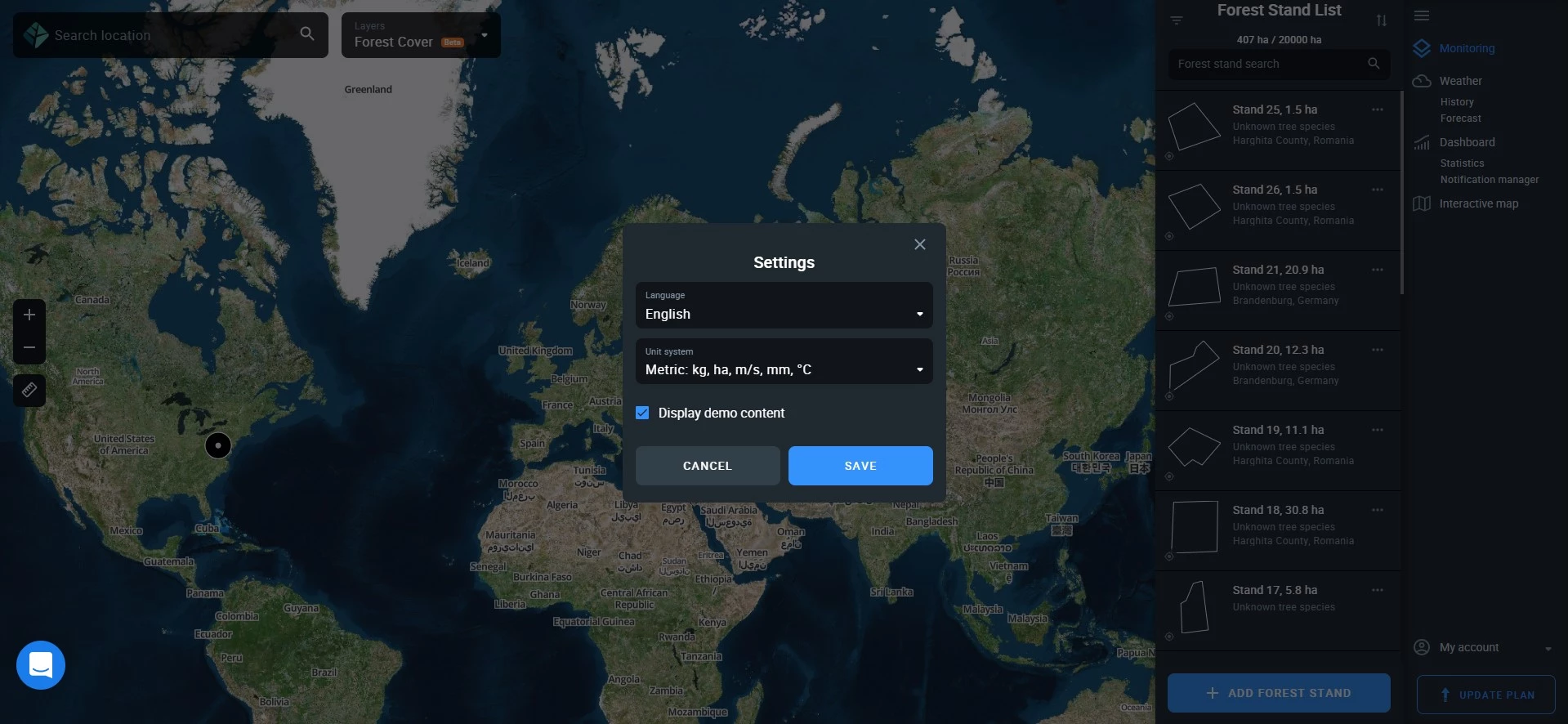 how to hide the demo stand on EOSDA Forest Monitoring
