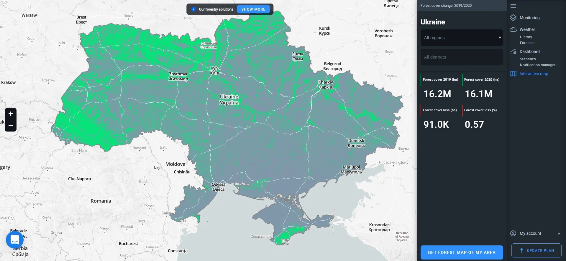 interactive map of forest cover and deforestation for Ukraine on EOSDA Forest Monitoring