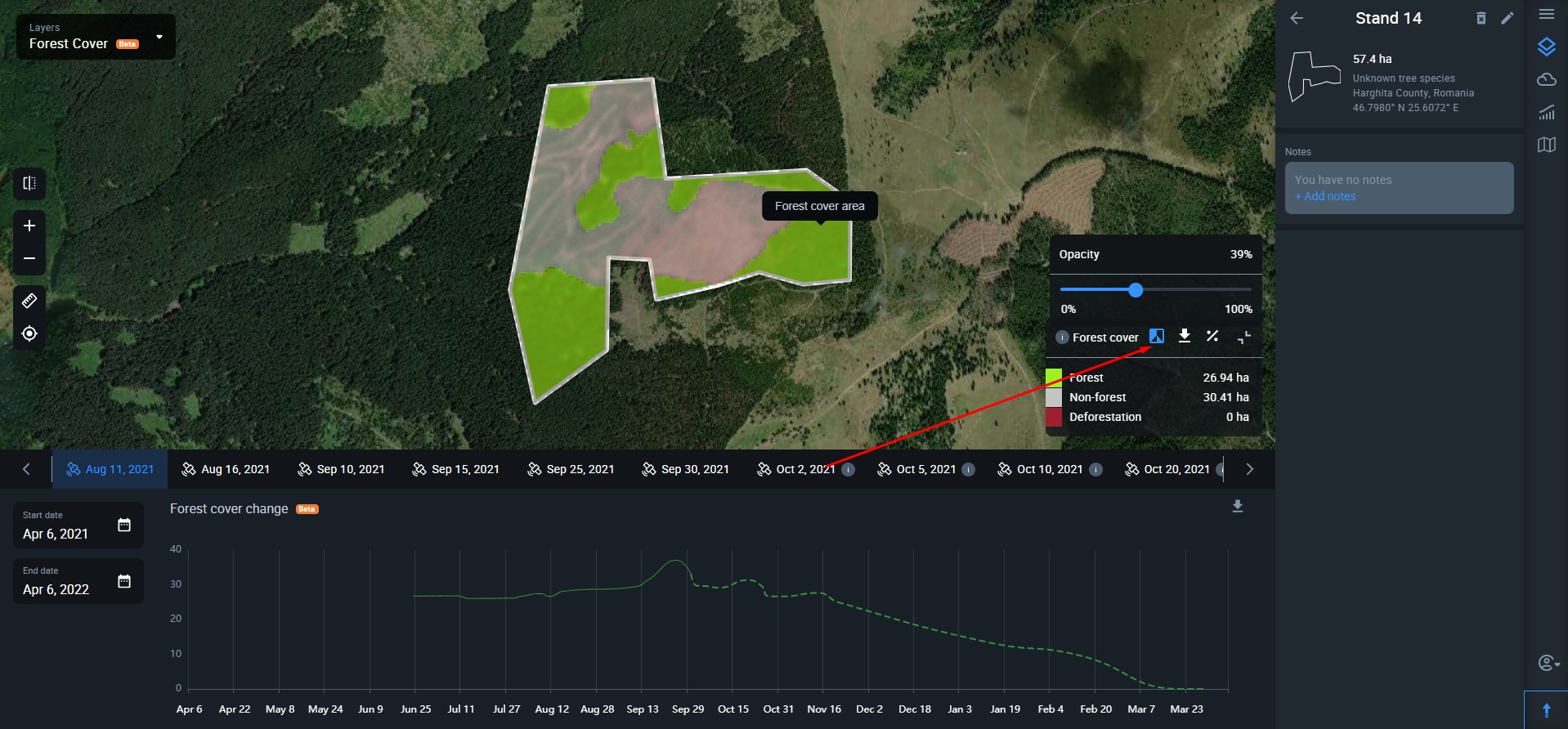 how to alternate between the layer and the true-color satellite image on EOSDA Forest Monitoring