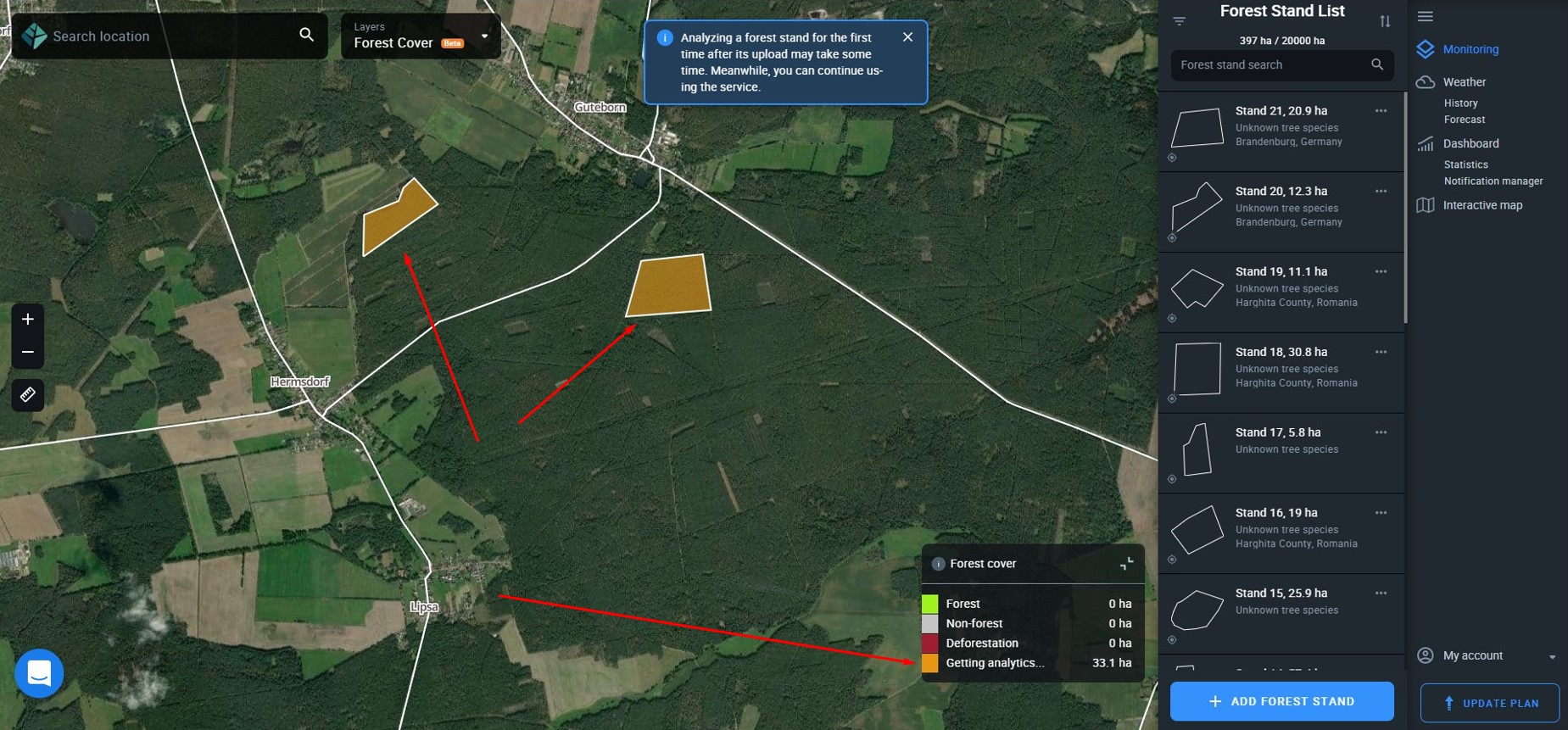 orange AOIs that are still calculating on EOSDA Forest Monitoring