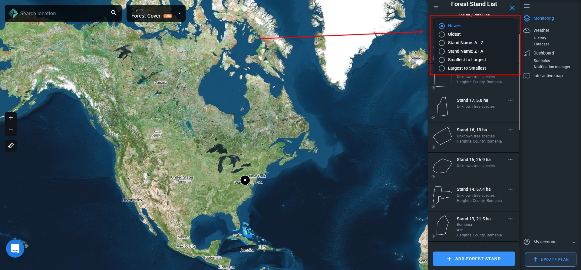 how to sort forest stands by different parameters on EOSDA Forest Monitoring