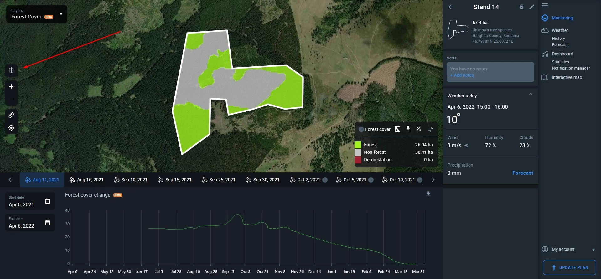 how to open split view mode on EOSDA Forest Monitoring