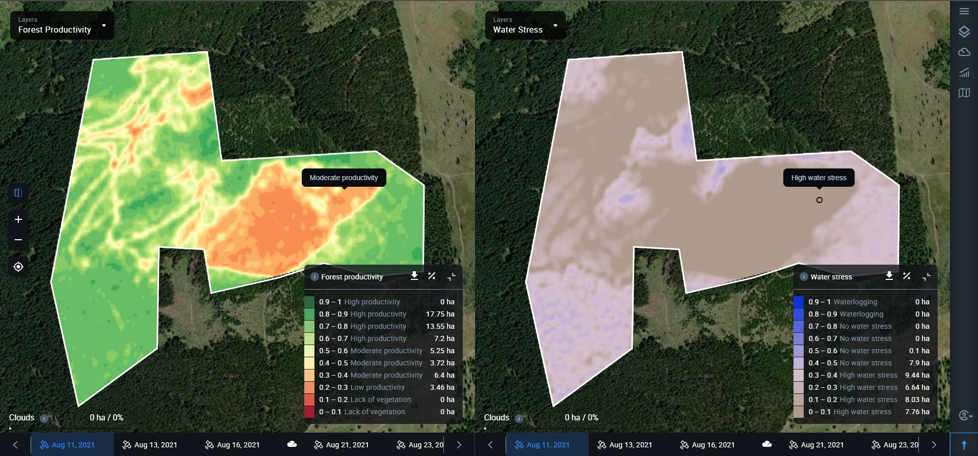 Split view mode: forest productivity and water stress on EOSDA Forest Monitoring