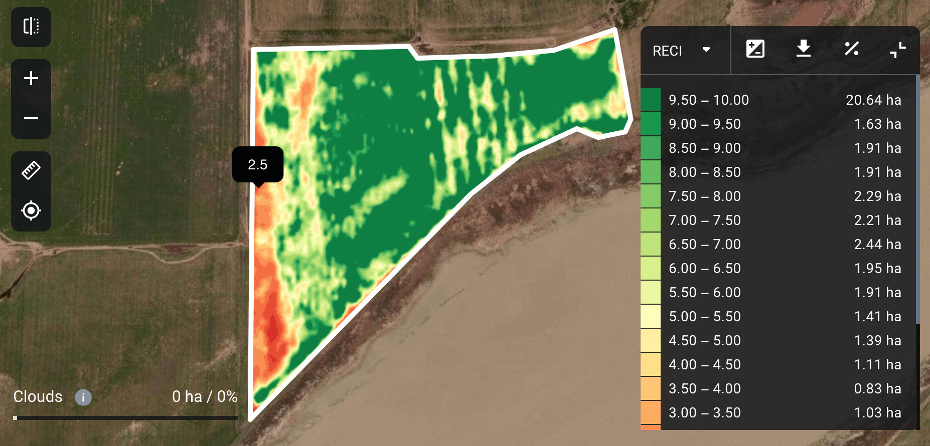 ReCl index map on EOSDA Crop Monitoring