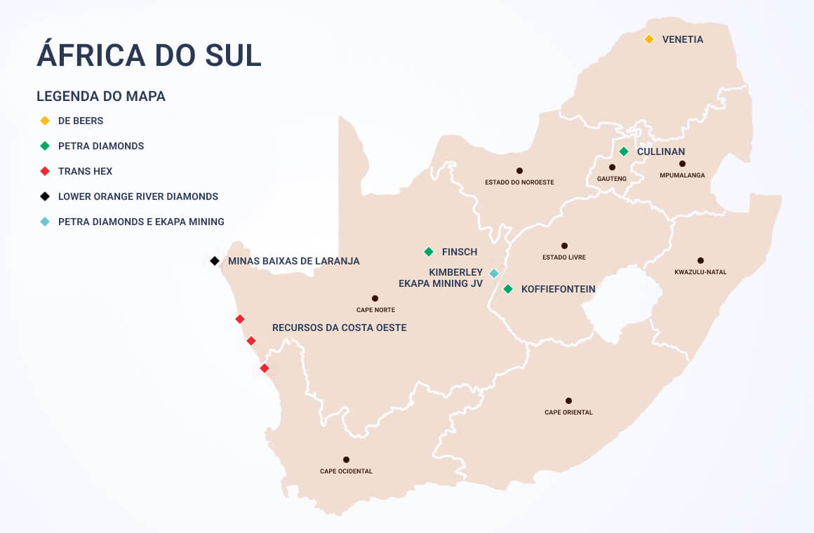 mapa dos campos de mineração de diamantes na República da África do Sul