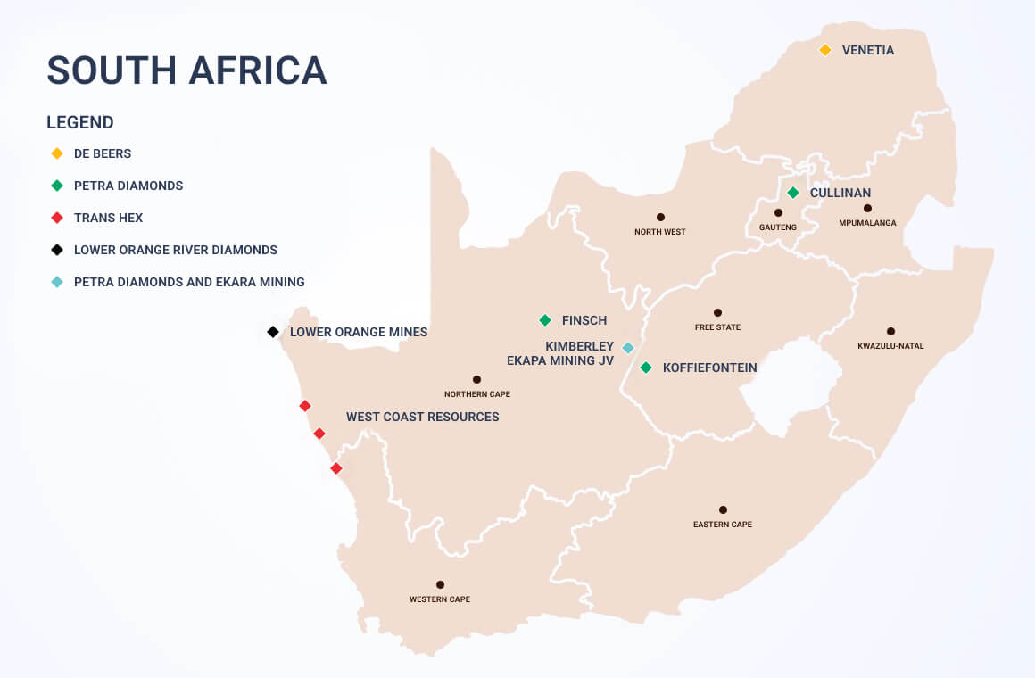 mapa de campos de mineração de diamantes na República da África do Sul