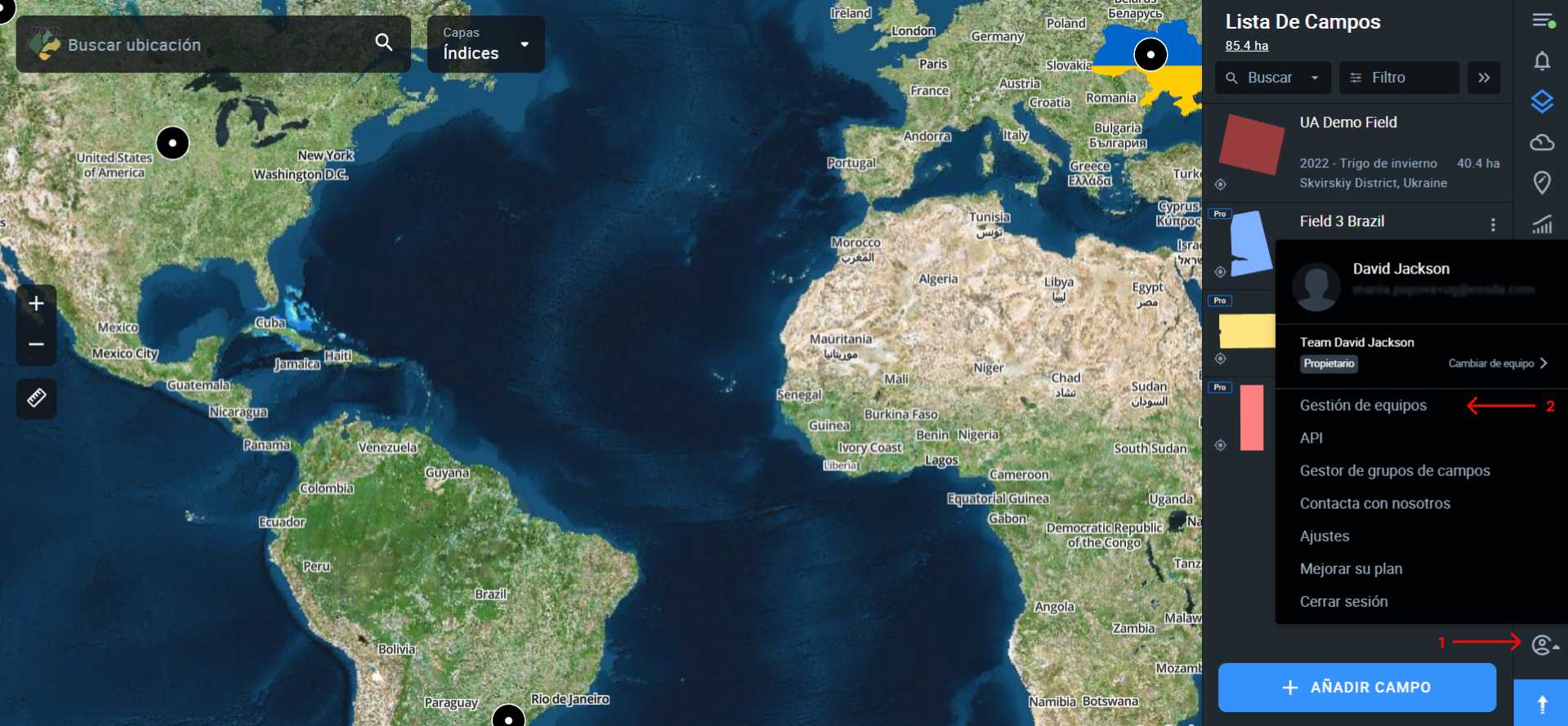 gestión de equipos en el menú desplegable