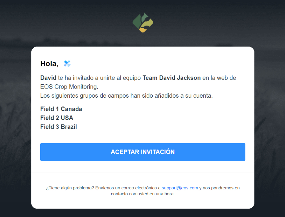 correo electrónico con la invitación y el enlace a la cuenta del equipo