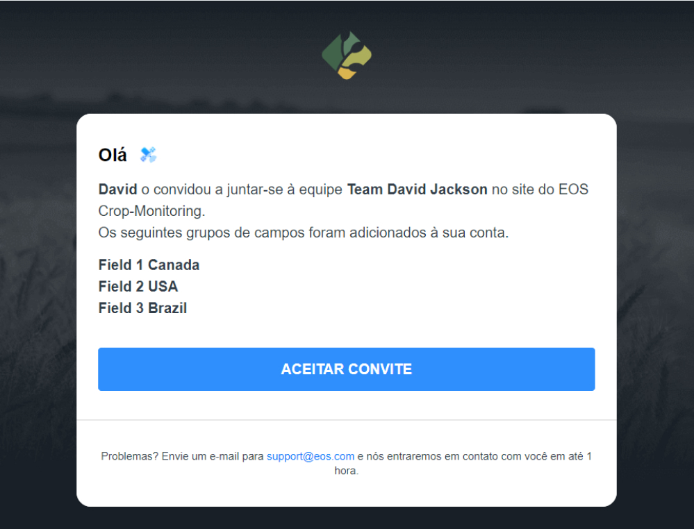 e-mail com o convite e o link para a conta da equipe