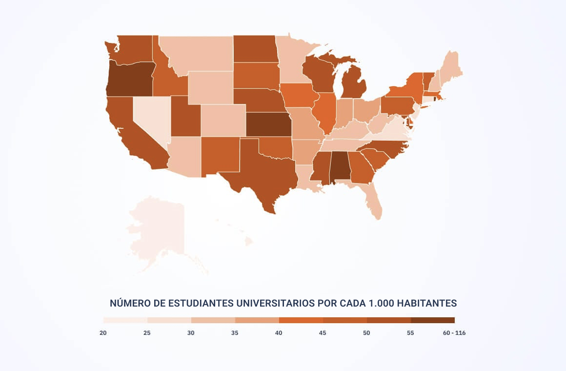 distribución de los estudiantes universitarios de EE.UU por estado