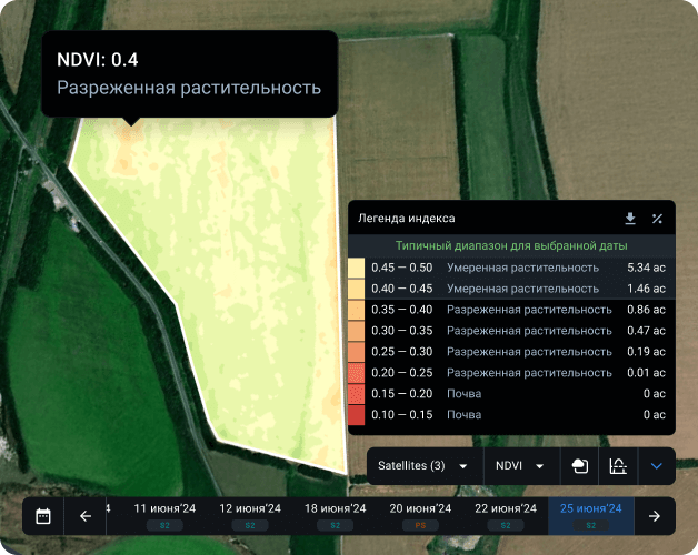 место снижения значений индекса на карте NDVI