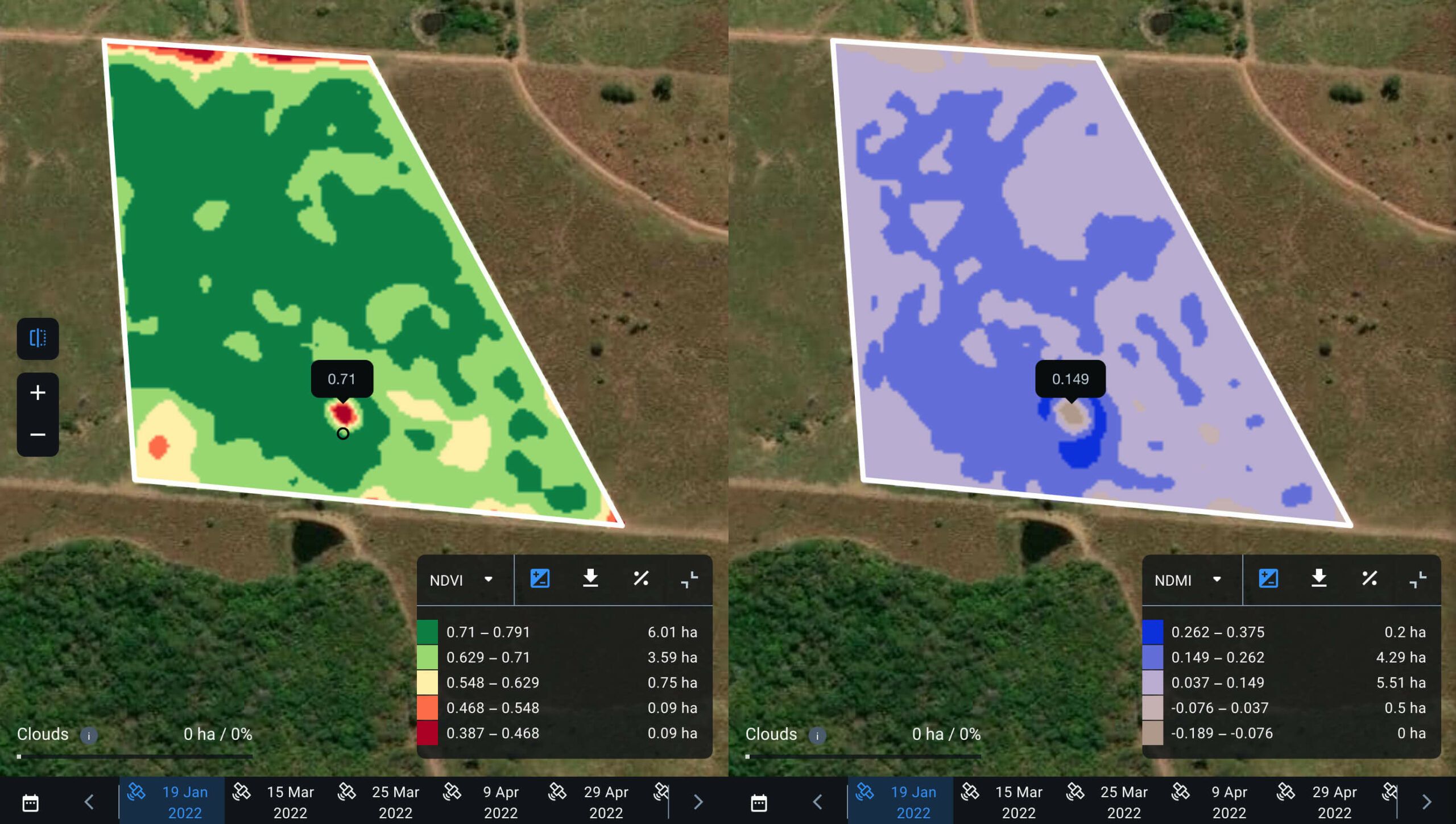 Mapas NDVI-NDMI de um campo de algodão em visão seccional no EOSDA Crop Monitoring
