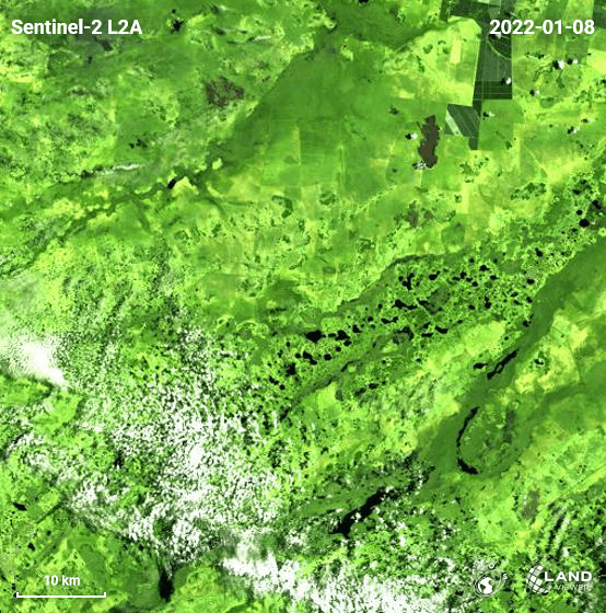 Sentinel-2 satellite imagery of Northeastern Argentina wildfires in 2022, false color