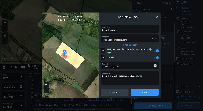 check-in feature in EOSDA