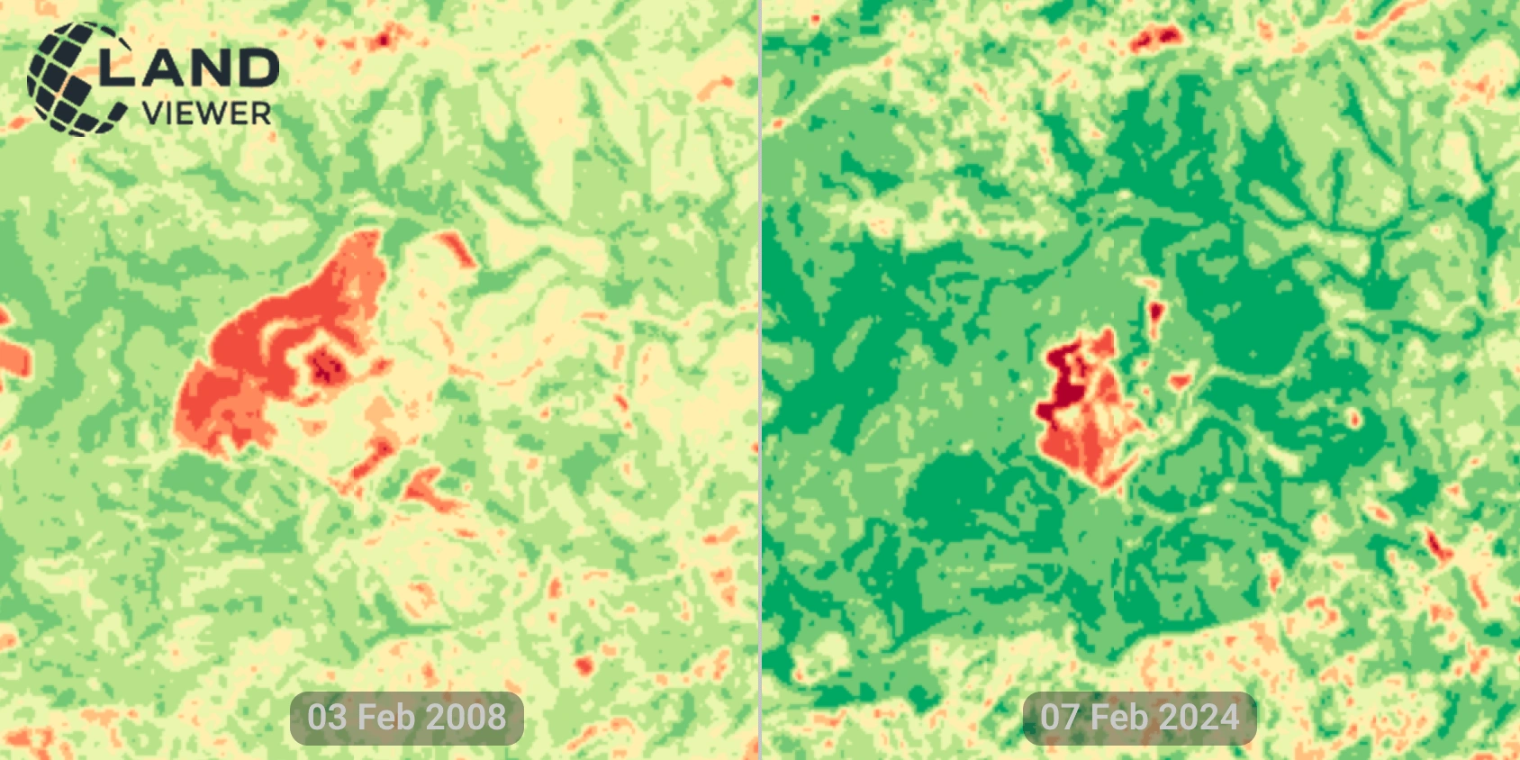 Reforestation visible in satellite imagery of Buffelsdraai Landfill Site, KwaZulu-Natal, South Africa