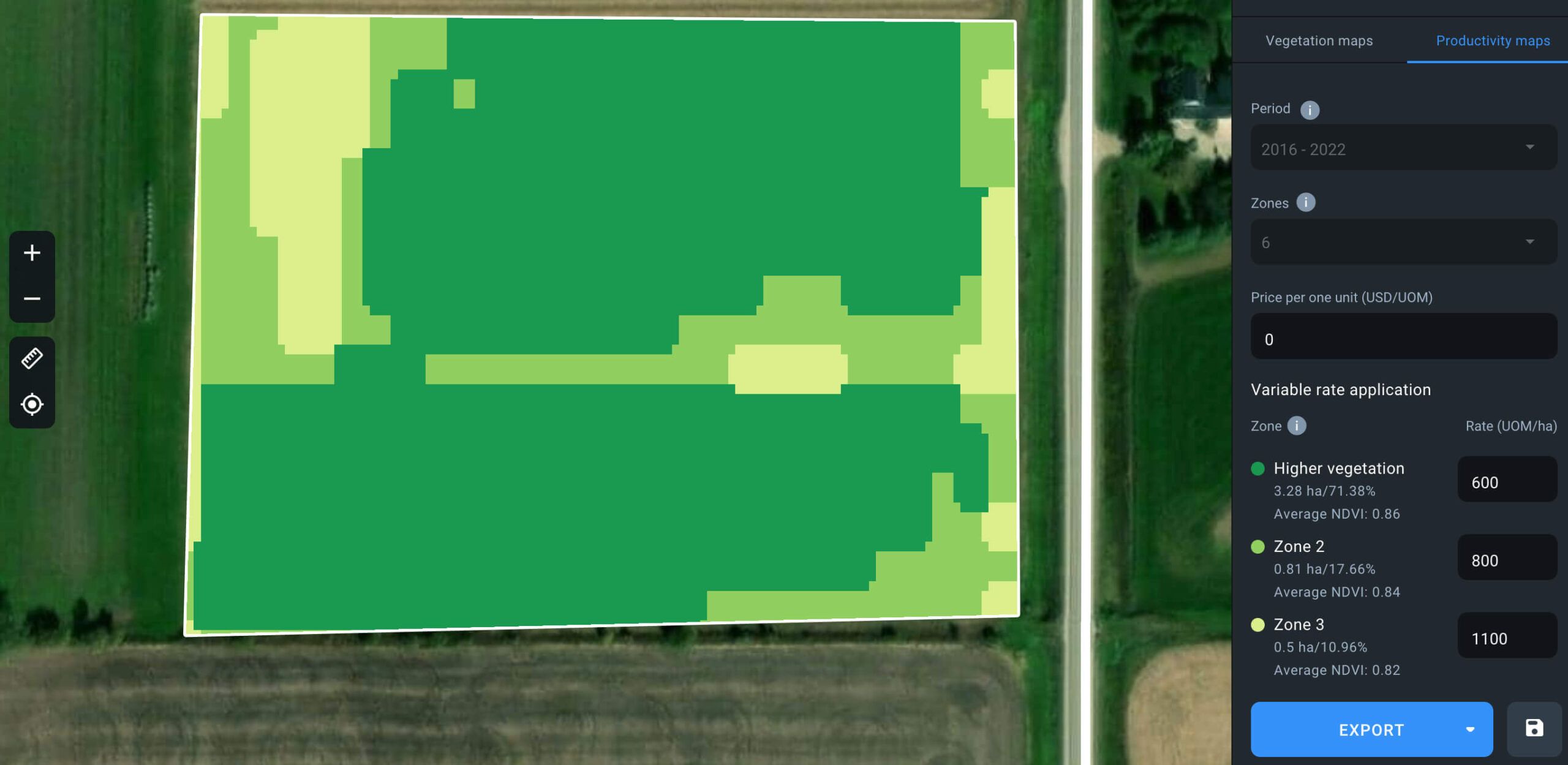 productivity map in EOSDA Crop Monitoring