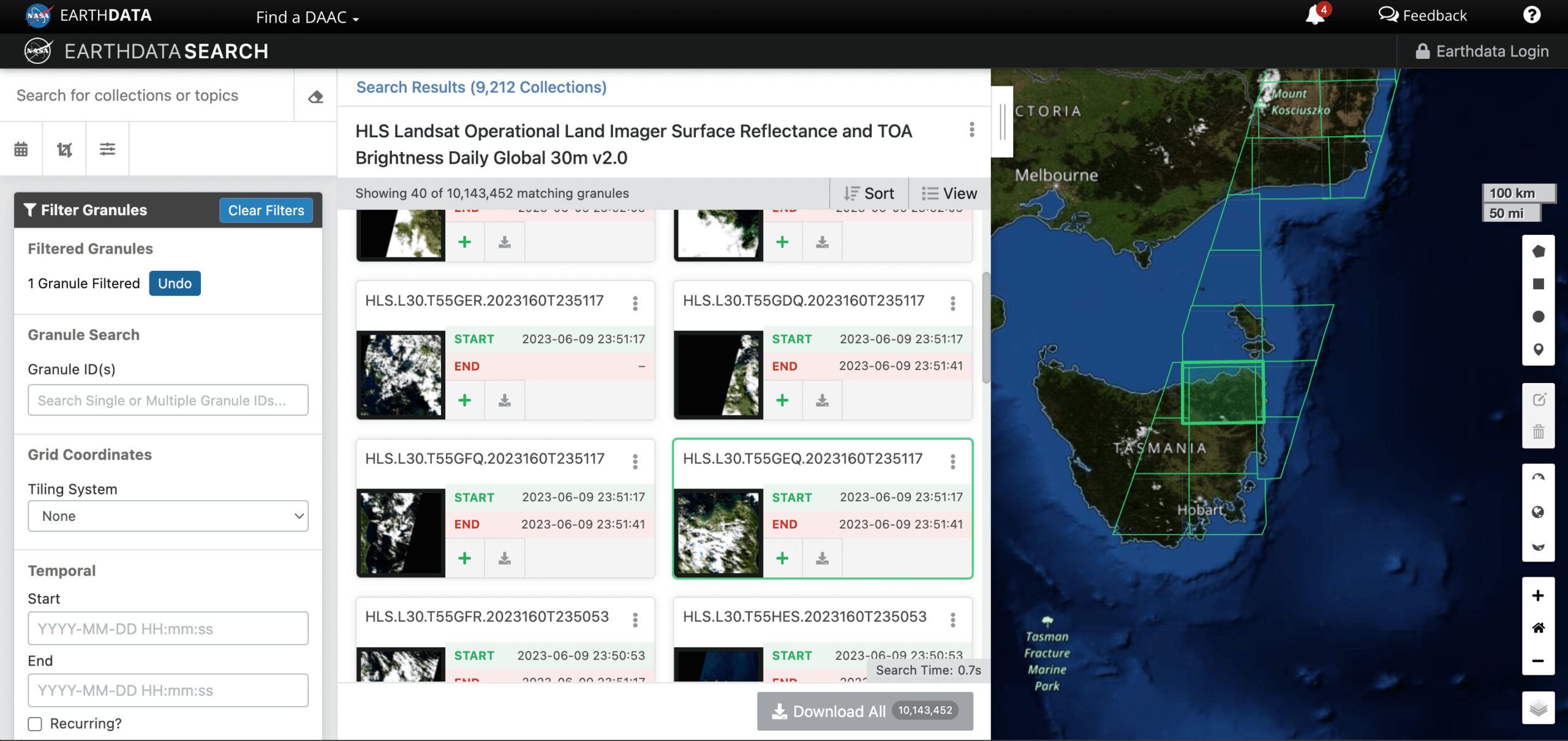 imagery filtering in NASA Earthdata Search interface