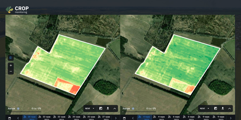 NDVI мапа в режимі розділеного екрану