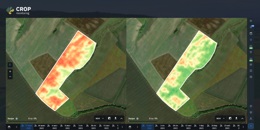 індексна карта NDVI до і після атаки шкідників