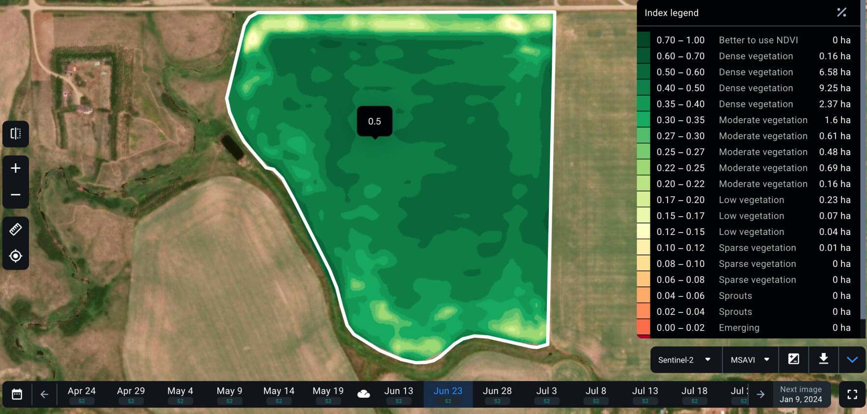 MSAVI map for early soybean growing stages
