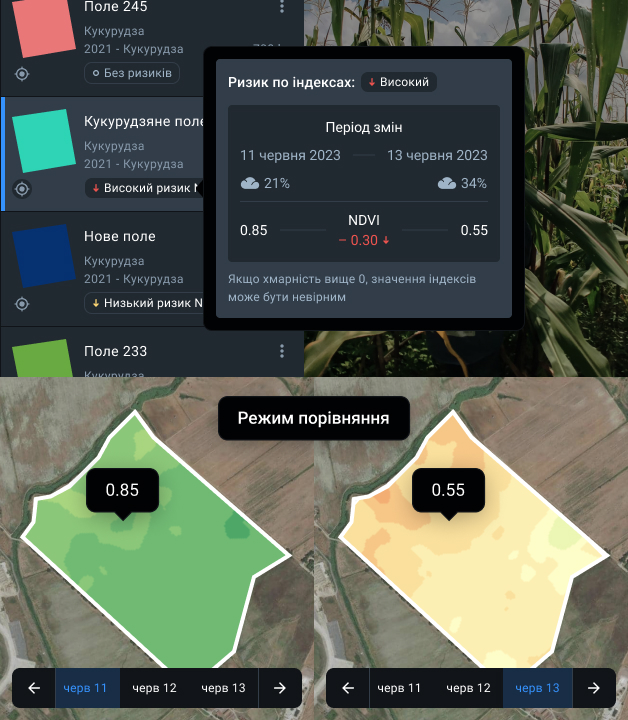 Зображення поля в Режимі порівняння EOSDA Crop Monitoring