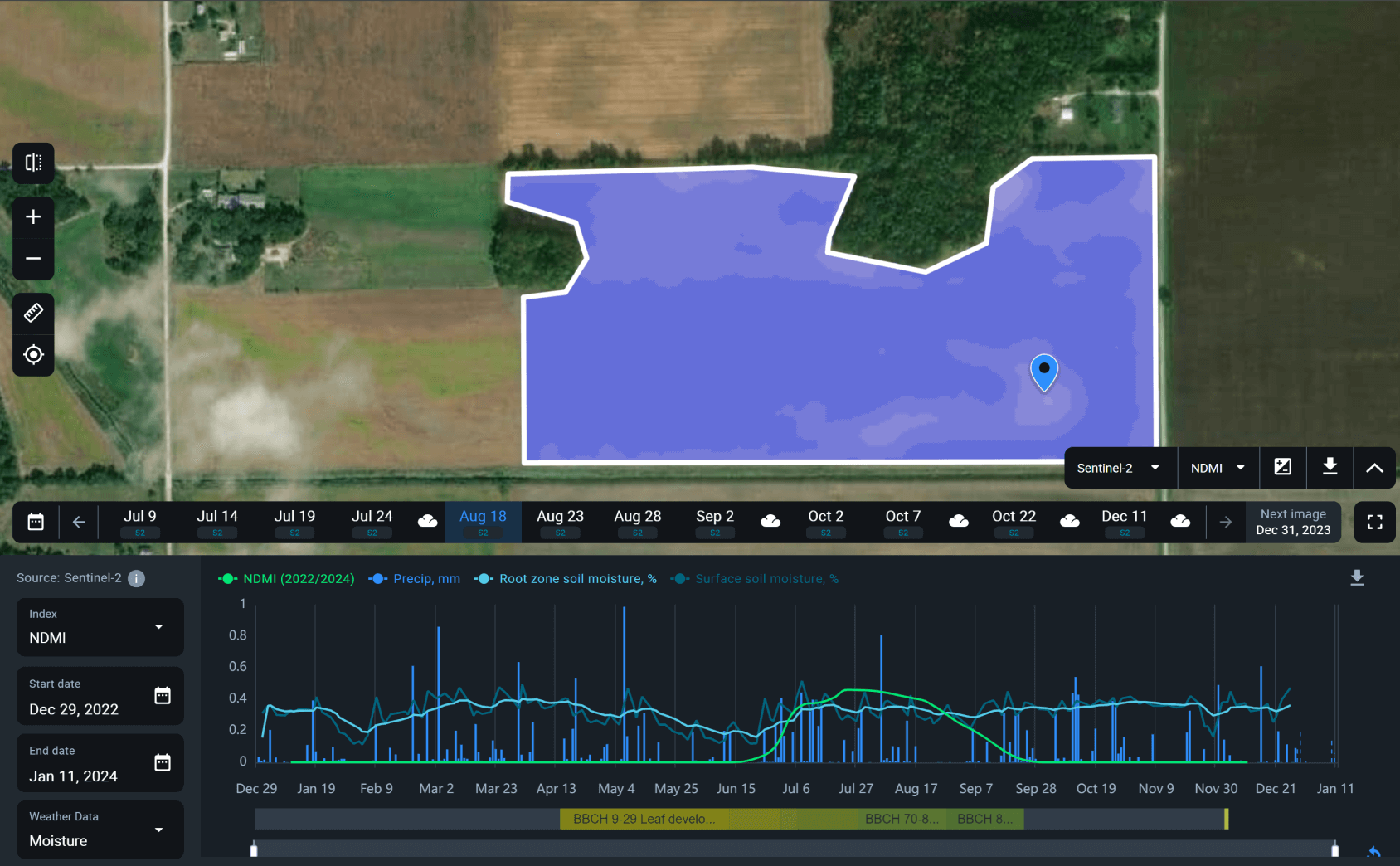 NDMI index and the Soil Moisture feature on EOSDA Crop Monitoring.