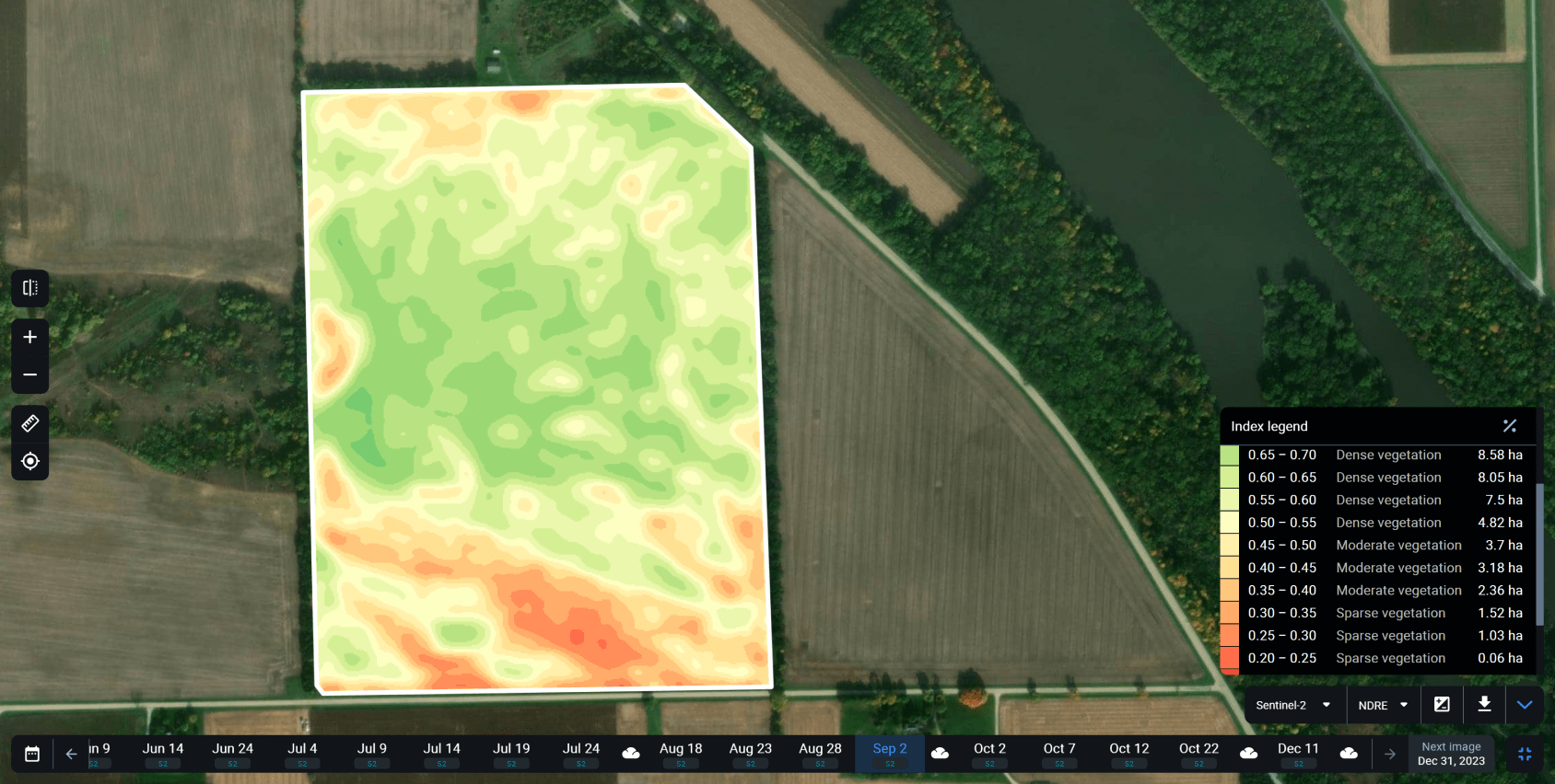 NDRE index on EOSDA Crop Monitoring helps to choose the best harvesting dates