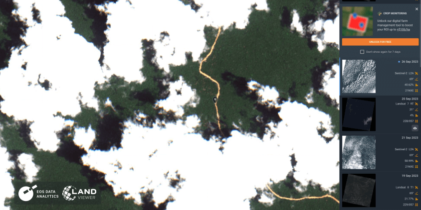 screenshot of EOSDA LandViewer with a photo of the Palmeras road