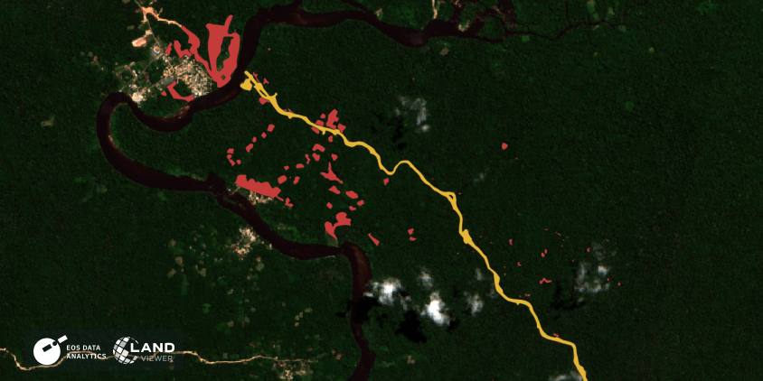 August 12, 2023 satellite photo of the Palmeras road with deforestation marked
