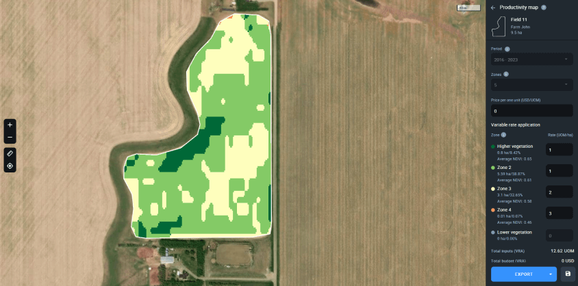 mapa de productividad en EOSDA Crop Monitoring