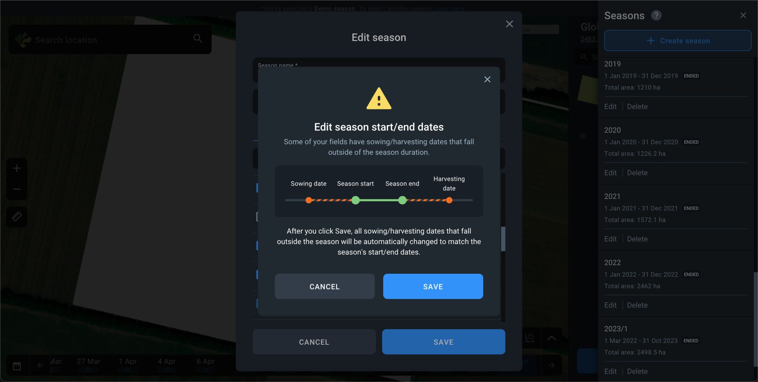 why is there a warning about "editing season start/end dates" appearing